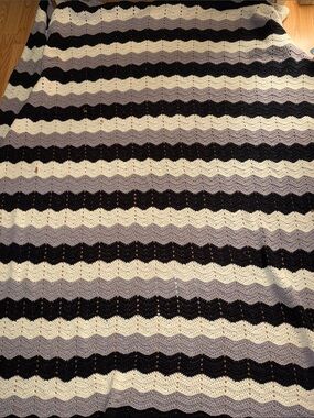 Chevron Knit Throw Blanket - Black, Gray & Cream, as is! 64"x80"